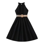 ZHUASHUM flower girl dress Children Dress Solid Color Hanging Neck Waist Collection Dress Dress Fashion Outwear easter dresses Black,Size:9-10 Years